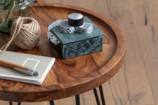 salontafel Sheesham massief hout 45x40x45 cm woonkamer tafel rond | Banktafel met haarspeldpoten Salontafel van hout en metaal