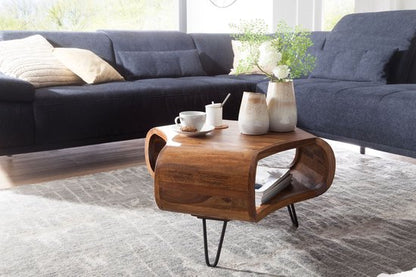 WL5.603 Sheesham 60x60x35 cm Massief houten plank & metalen frame | Retro salontafel Rechthoekig massief hout Bruin | Banktafel Modieuze houten tafel | Tafel met compartiment woonkamer