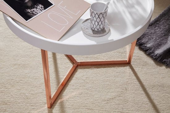 salontafel EVA 58,5x42x58,5cm wit / koperen salontafel metaal rond | Design retro salontafel modern | Kleine loungetafel met metalen frame | Ronde dienbladlijst met houten plaat