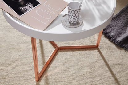 salontafel EVA 58,5x42x58,5cm wit / koperen salontafel metaal rond | Design retro salontafel modern | Kleine loungetafel met metalen frame | Ronde dienbladlijst met houten plaat