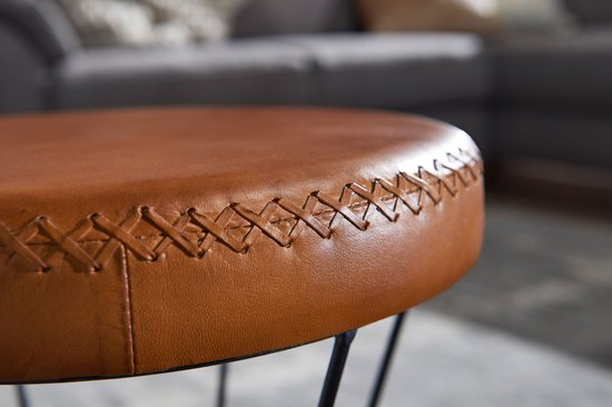 kruk echt leer / metaal 35 x 48 x 35 cm design kruk rond | Decoratieve kruk met lederen bekleding Moderne lederen kruk bekleed in bruin
