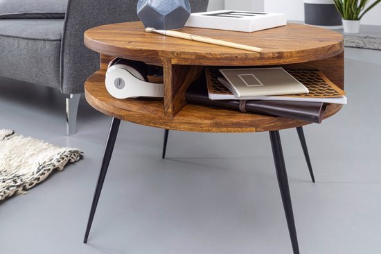 table Sheesham solid wood / metal 60x45x60 cm table living room | Design side table with shelf Small coffee table round brown