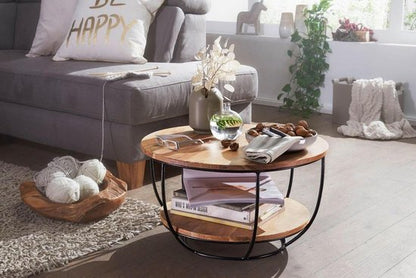 salontafel 60x34,5x60 cm acacia massief houten / metalen salontafel | Design woonkamer tafel rond | Lounge tafel Industrial Brown | Tafel met plank