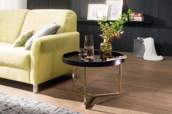 Salontafel EVA 58,5x42x58,5cm zwart / goud salontafel metaal rond | Design retro salontafel modern | Kleine loungetafel met metalen frame | Ronde dienbladlijst met houten plaat