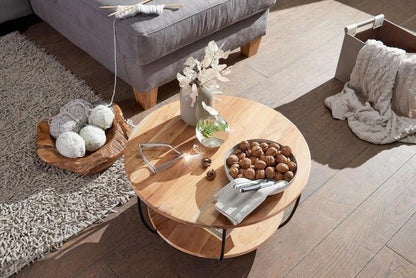 salontafel 60x34,5x60 cm acacia massief houten / metalen salontafel | Design woonkamer tafel rond | Lounge tafel Industrial Brown | Tafel met plank
