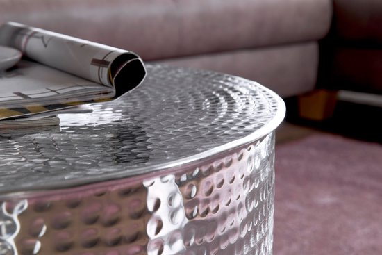 RAHI 61 x 40,5 x 61 cm Aluminium zilveren bijzettafel oosterse rond | Plat gehamerd koffietafeltje metaal Design Salontafel Modern | Salontafel Indian Stubentisch Klein