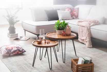 salontafel Sheesham massief hout 60x45x60 cm woonkamer tafel rond | Banktafel met haarspeldpoten Salontafel van hout en metaal