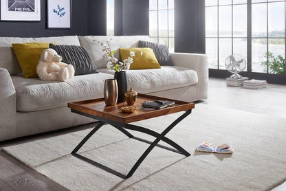 salontafel WL5.595 63x39x63cm Sheesham massief hout / metalen salontafel | Design salontafel industriÃ«le stijl | Kamertafel bruin / zwart | Design salontafel massief | Vierkante tafel