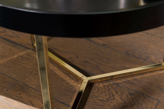 Salontafel EVA 58,5x42x58,5cm zwart / goud salontafel metaal rond | Design retro salontafel modern | Kleine loungetafel met metalen frame | Ronde dienbladlijst met houten plaat