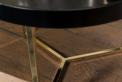 Salontafel EVA 58,5x42x58,5cm zwart / goud salontafel metaal rond | Design retro salontafel modern | Kleine loungetafel met metalen frame | Ronde dienbladlijst met houten plaat