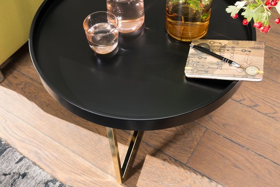Salontafel EVA 58,5x42x58,5cm zwart / goud salontafel metaal rond | Design retro salontafel modern | Kleine loungetafel met metalen frame | Ronde dienbladlijst met houten plaat