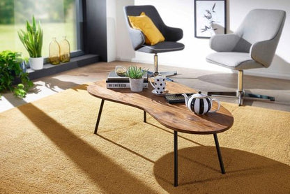 Designer coffee table KASI 122x36x63 cm Sheesham with metal legs Black | Kidney table Solid wood Grey | Wooden table legs Metal | Cool solid wood table | Table flat modern
