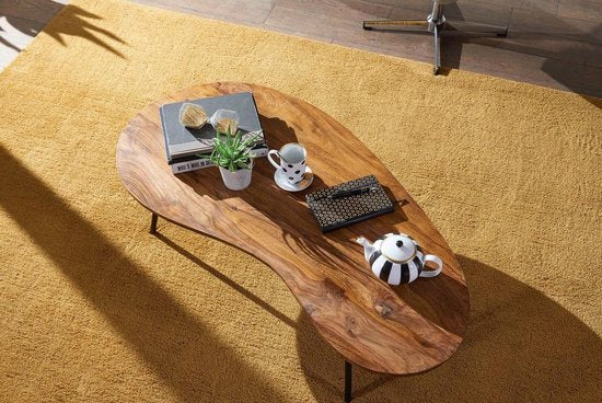 Designer coffee table KASI 122x36x63 cm Sheesham with metal legs Black | Kidney table Solid wood Grey | Wooden table legs Metal | Cool solid wood table | Table flat modern