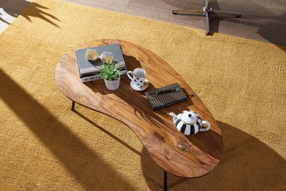 Designer coffee table KASI 122x36x63 cm Sheesham with metal legs Black | Kidney table Solid wood Grey | Wooden table legs Metal | Cool solid wood table | Table flat modern