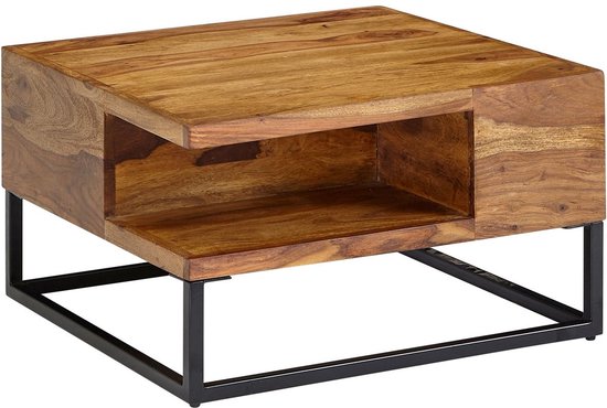 Koffietafel Massief Sheesham-Hout en Metaal 60x60x34,5 cm Salontafel Bruin | Vierkant Tafel Woonkamer Moderne met Opbergruimte | Kleine Bijzettafel Woonkamertafel