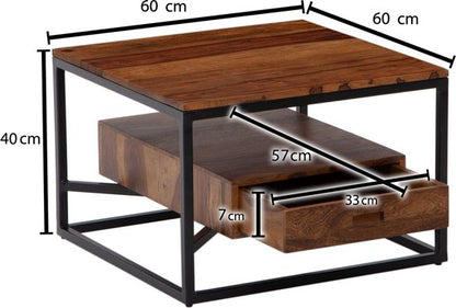 Koffietafel Massif Sheesham-Hout en Metaal 60x60x40 cm Salontafel | Tafel Woonkamer Vierkant met Lade | Kleine Woonkamertafel Bijzettafel