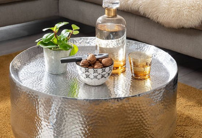 coffee table aluminum silver 60x60x35 cm coffee table hammered | Design coffee table round aluminum oriental | Round metal coffee table small