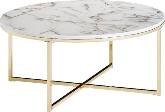 salontafel 80x36x80 cm met marmerlook wit | Salontafel met metalen frame | Salontafel ronde tafel woonkamer | Zijtafel