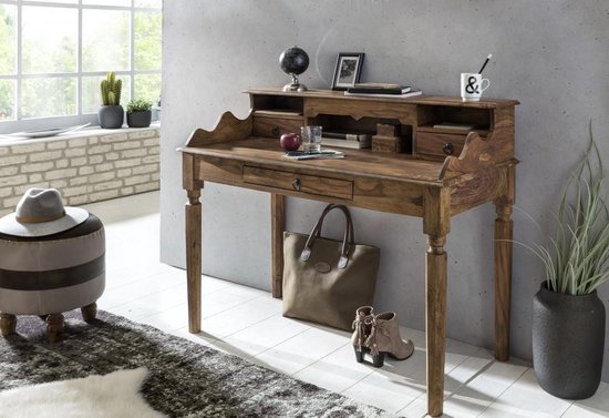 bureau KADA massief hout Sheesham | Secretaresse 115 x 100 x 60 cm met 3 laden | Console tafel in landelijke stijl