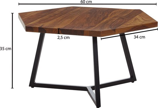 salontafel 60x60x35 cm massief sheeshamhout / metalen salontafel modern | Design salontafel zeshoekig | Kleine tafel bijzettafel woonkamer massief