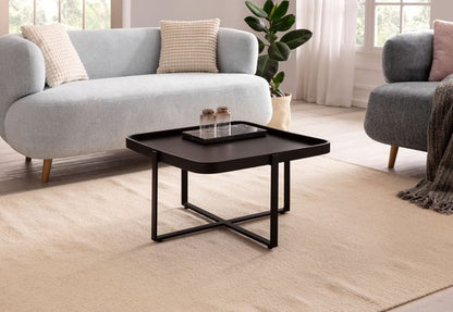 Salontafel 65x65x35 cm Mango Massief Hout / Metaal Zwart Sofa Tafel Vierkant | Design woonkamertafel met opstaande rand | IndustriÃ«le salontafel woonkamer met afgeronde hoeken