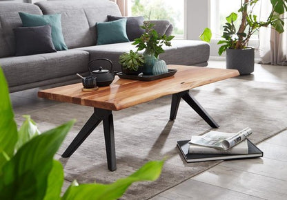 coffee table 115x37x64 cm solid acacia wood / metal tree edge | Designer square coffee table | Industrial brown living room table | Coffee table, wood, rectangular
