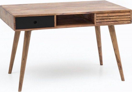 bureau REPA zwart 120 x 60 x 75 cm massief houten laptop tafel Sheesham Nature | Landelijke stijl bureau met 2 laden | Kantoor tafel Pc-tafel
