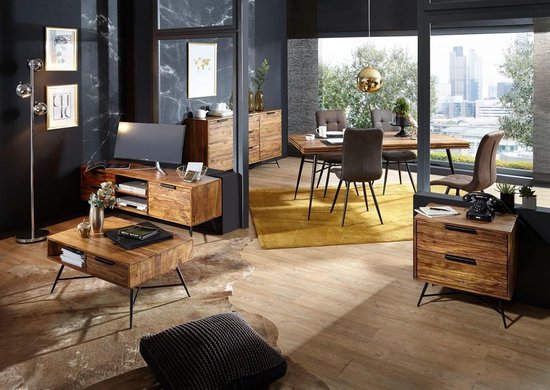 salontafel Nishan 87 x 41 x 55 cm Sheesham Wood | Ontwerp houten tafel met opbergruimte en lade | Massief houten salontafel IndustriÃ«le woonkamertafel met metalen poten