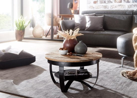 salontafel 60x34x60 cm Mango massief hout / metaal Industrieel zwart rond | Salontafel Salontafel massief | Kleine tafel salontafel woonkamer