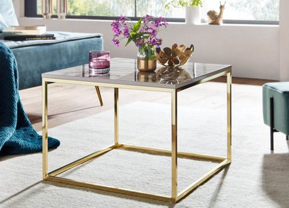 Koffietafel 60x60x45 cm met Marmer Look Wit / Goud Vierkante Salontafel | Tafel Woonkamer Moderne | Kleine Bijzettafel Woonkamertafel