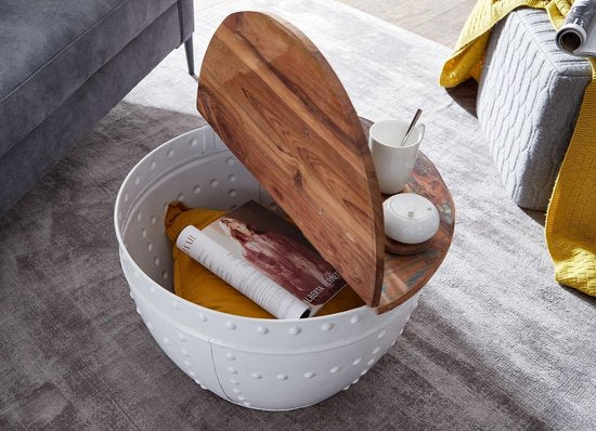 coffee table Mango 60x36x60 cm solid wood metal white industrial round | Design coffee table with storage space | Lounge table sofa table modern