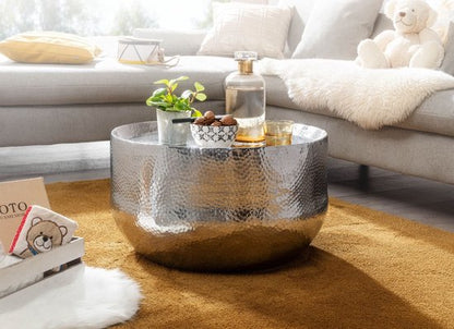 coffee table aluminum silver 60x60x35 cm coffee table hammered | Design coffee table round aluminum oriental | Round metal coffee table small