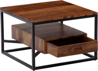Koffietafel Massif Sheesham-Hout en Metaal 60x60x40 cm Salontafel | Tafel Woonkamer Vierkant met Lade | Kleine Woonkamertafel Bijzettafel