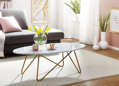 salontafel 120x40x60 cm met marmerlook wit | Salontafel met metalen frame | Salontafel ovale tafel woonkamer | Lounge tafel