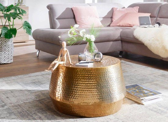 salontafel MAHESH 60x36x60 cm aluminium bijzettafel Gold Oriental round | Plat gehamerd koffietafeltje metaal Design Salontafel Modern | Salontafel Indian Stubentisch Klein