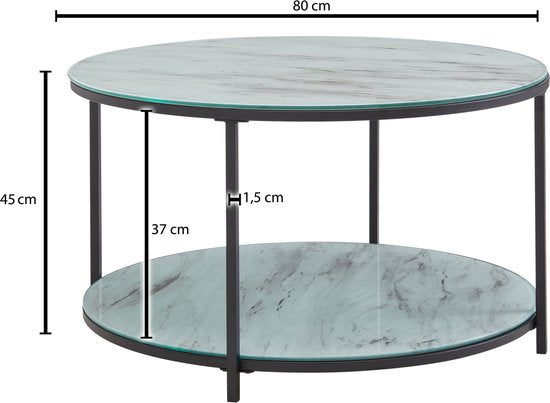 Koffietafel Glazen en Metaal 80x80x45 cm met Marmer Look Wit / Zwart | Ronde Salontafel | Tafel Woonkamer Moderne met Opbergruimte | Lage Bijzettafel Woonkamertafel