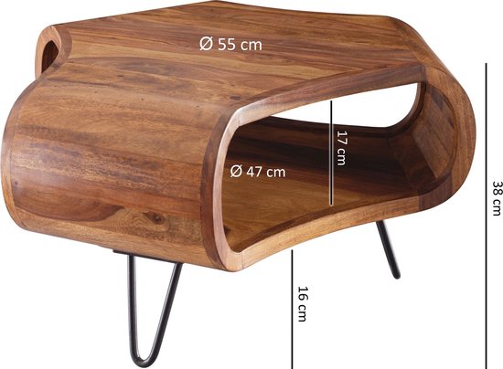 WL5.603 Sheesham 60x60x35 cm Massief houten plank & metalen frame | Retro salontafel Rechthoekig massief hout Bruin | Banktafel Modieuze houten tafel | Tafel met compartiment woonkamer