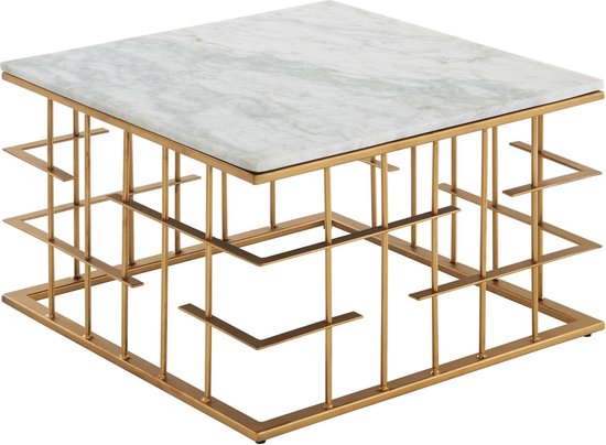 Koffietafel Echt Marmer en Metaal 55x55x35 cm Salontafel Wit Goud | Tafel Woonkamer Vierkant | Woonkamertafel Modern | Kleine Bijzettafel