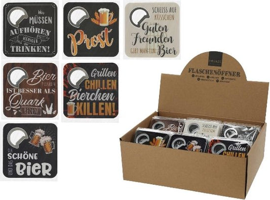Bierviltje met flesopener met spreuk, gemaakt van metaal