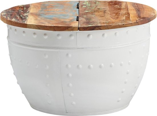coffee table Mango 60x36x60 cm solid wood metal white industrial round | Design coffee table with storage space | Lounge table sofa table modern