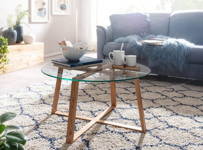 salontafel 78x78x41 cm massief eiken salontafel / rond glas | Design salontafel modern | Houten tafel, kamertafel, groot | Salontafel tafel woonkamer echt hout