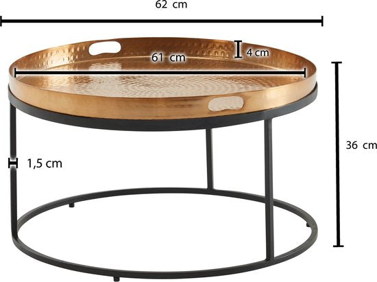 Koffietafel Aluminium 62x62x36 cm Salontafel Gehamerd Metaal Goud | Tafel Woonkamer Rond | Woonkamertafel Modern | Kleine Bijzettafel