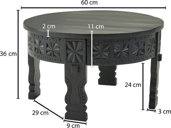 design salontafel 60x36x60 cm Mango massief houten salontafel rond zwart | Salontafel hout Salontafel massief | Tafel woonkamer oosters | Salontafel loungetafel