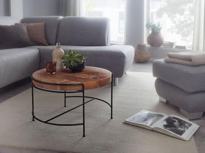 salontafel 62x40x62 cm salontafel acacia massief hout / metaal | Ronde salontafel met metalen poten | Kleine design tafel massief | Houten tafel woonkamer industrieel