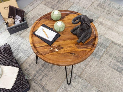 salontafel Sheesham massief hout 60x45x60 cm woonkamer tafel rond | Banktafel met haarspeldpoten Salontafel van hout en metaal