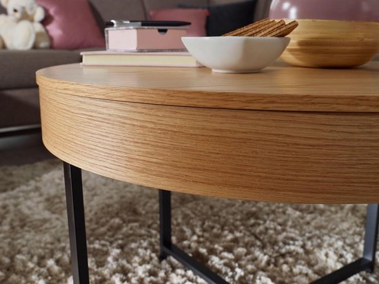 design salontafel rond Ã˜ 69 cm met eiken look tafel met opbergruimte Lounge woonkamer tafel met metalen poten MDF bijzettafel