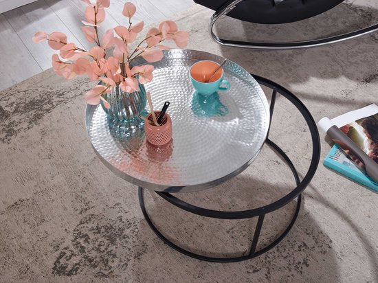 Coffee Table Aluminum 62x62x36 cm Hammered Metal Silver | Round Living Room Table | Modern Living Room Table | Small Side Table