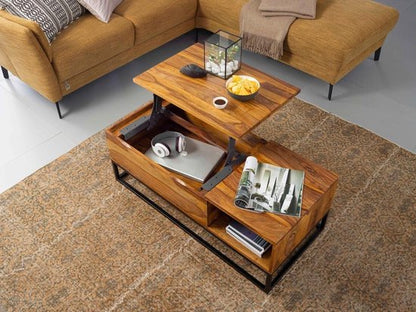 salontafel Sheesham massief houten banktafel van 110x40x50 cm met metalen poten | Salontafel tafelblad opvouwbaar | Houten tafel tafel industrieel ontwerp