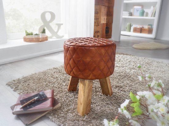 kruk echt leer / massief hout 35x46x35 cm moderne voetenbank rond | Turnbock lederen kruk bruin | Kleine kruk Gestoffeerde houten kruk met lederen bekleding