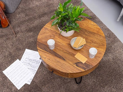 tafel Sheesham massief hout / metaal 60x44.5x60 cm tafel woonkamer | Design bijzettafeltje met laden Kleine salontafel rond bruin
